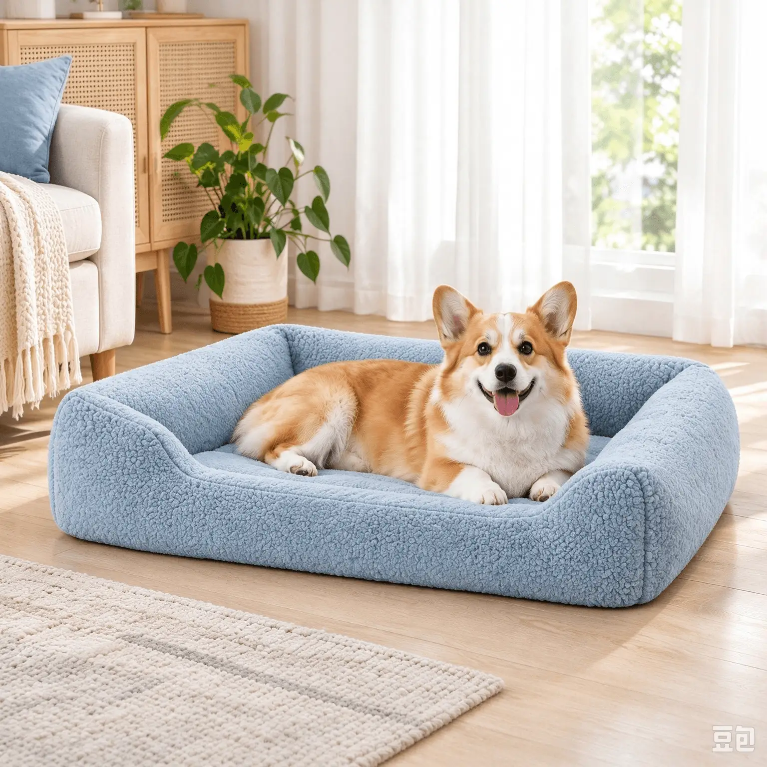 Custom Crate Bolster Pet Bed Manufacturer in China | OEM & ODM Mist Blue Sherpa Fleece Dog & Cat Bed